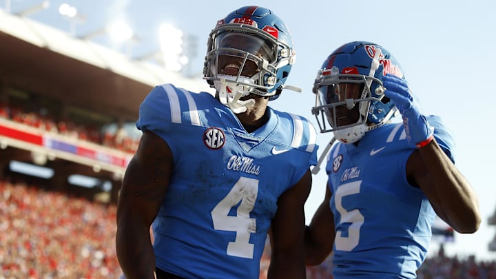Sep 30, 2023; Oxford, Mississippi, USA; Mississippi Rebels running back Quinshon Judkins (4) and