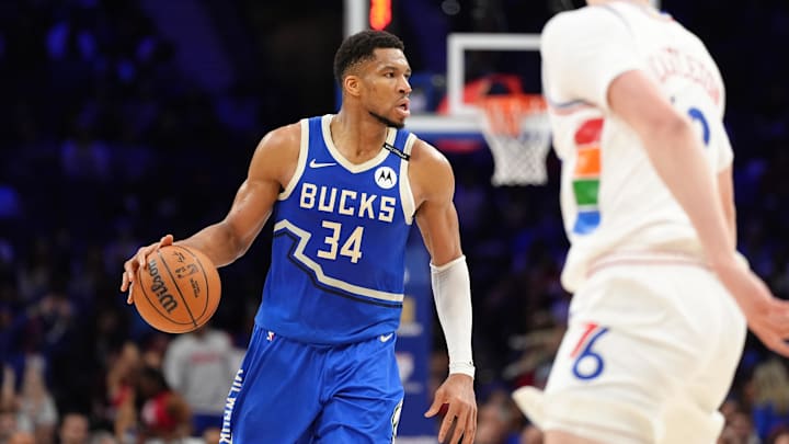 Apr 3, 2025; Philadelphia, Pennsylvania, USA; Milwaukee Bucks forward Giannis Antetokounmpo (34) controls the ball against the Philadelphia 76ers in the second quarter at Wells Fargo Center. Mandatory Credit: Kyle Ross-Imagn Images