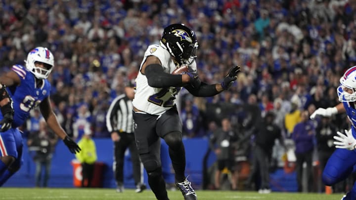 Baltimore Ravens running back Derrick Henry (22) runs the ball for a touchdown during the second quarter against the Buffalo Bills Baltimore Ravens running back Derrick Henry (22) runs the ball for a touchdown during the second quarter against the Buffalo Bills