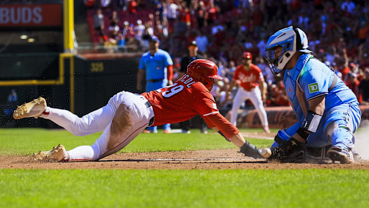 Sep 1, 2025; Cincinnati, Ohio, USA; Cincinnati Reds outfielder TJ Friedl (29) scores on a walk-off two-run single hit by outfielder Noelvi Marte (not pictured) in the ninth inning against the Toronto Blue Jays at Great American Ball Park. Mandatory Credit: Katie Stratman-Imagn Images