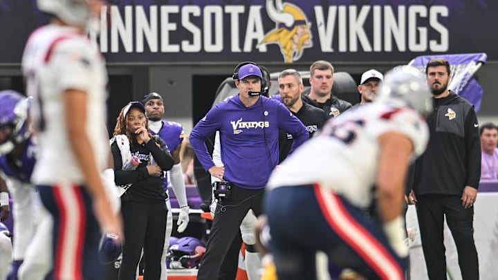 Aug 16, 2025; Minneapolis, Minnesota, USA; Minnesota Vikings head coach Kevin O'Connell looks on during the first quarter against the New England Patriots at U.S. Bank Stadium. Mandatory Credit: Jeffrey Becker-Imagn Images