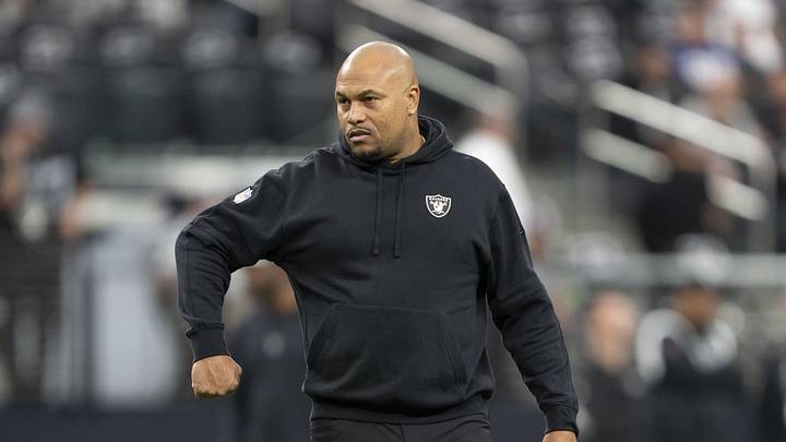 November 5, 2023; Paradise, Nevada, USA; Las Vegas Raiders interim head coach Antonio Pierce signals before the game against the New York Giants at Allegiant Stadium. Mandatory Credit: Kyle Terada-USA TODAY Sports November 5, 2023; Paradise, Nevada, USA; Las Vegas Raiders interim head coach Antonio Pierce signals before the game against the New York Giants at Allegiant Stadium. Mandatory Credit: Kyle Terada-USA TODAY Sports