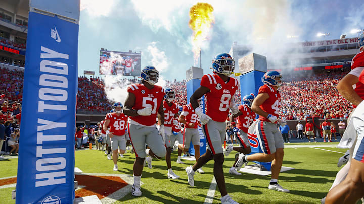 Sep 7, 2024; Oxford, Mississippi, USA; Mississippi Rebels defensive back Brandon Turnage (8) runs onto the field prior to the game against the Middle Tennessee Blue Raiders at Vaught-Hemingway Stadium. Mandatory Credit: Petre Thomas-Imagn Images