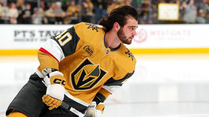 Jan 6, 2024; Las Vegas, Nevada, USA; Vegas Golden Knights defenseman Lukas Cormier (40) takes a rookie lap before the start of a game against the New York Islanders at T-Mobile Arena. Mandatory Credit: Stephen R. Sylvanie-USA TODAY Sports Jan 6, 2024; Las Vegas, Nevada, USA; Vegas Golden Knights defenseman Lukas Cormier (40) takes a rookie lap before the start of a game against the New York Islanders at T-Mobile Arena. Mandatory Credit: Stephen R. Sylvanie-USA TODAY Sports