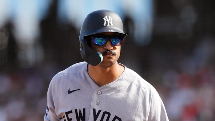 Mar 27, 2026; San Francisco, California, USA; New York Yankees center fielder Trent Grisham (12) during the ninth inning against the San Francisco Giants at Oracle Park. Mandatory Credit: Darren Yamashita-Imagn Images Mar 27, 2026; San Francisco, California, USA; New York Yankees center fielder Trent Grisham (12) during the ninth inning against the San Francisco Giants at Oracle Park. Mandatory Credit: Darren Yamashita-Imagn Images