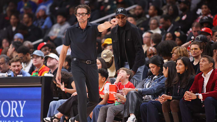Dec 19, 2025; Atlanta, Georgia, USA; Atlanta Hawks head coach Quin Snyder on the sideline against the San Antonio Spurs in the second half at State Farm Arena. Mandatory Credit: Brett Davis-Imagn Images