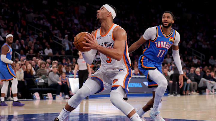 Jan 10, 2025; New York, New York, USA; New York Knicks guard Josh Hart (3) drives to the basket against Oklahoma City Thunder guard Isaiah Joe (11) during the third quarter at Madison Square Garden. Mandatory Credit: Brad Penner-Imagn Images Jan 10, 2025; New York, New York, USA; New York Knicks guard Josh Hart (3) drives to the basket against Oklahoma City Thunder guard Isaiah Joe (11) during the third quarter at Madison Square Garden. Mandatory Credit: Brad Penner-Imagn Images