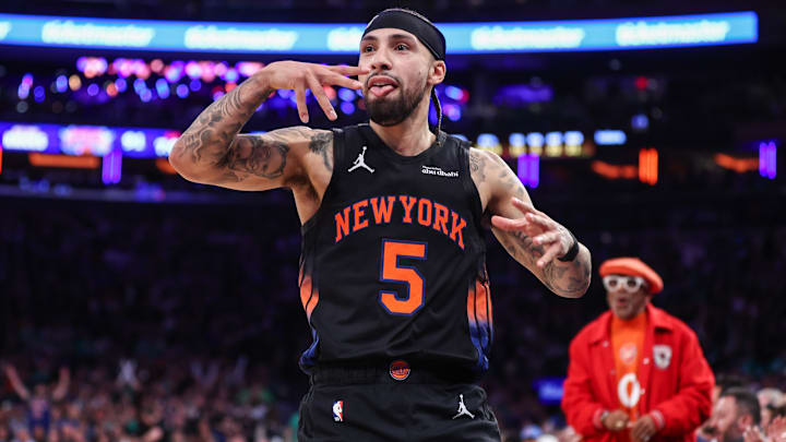 Knicks guard Jose Alvarado celebrates at Madison Square Garden.