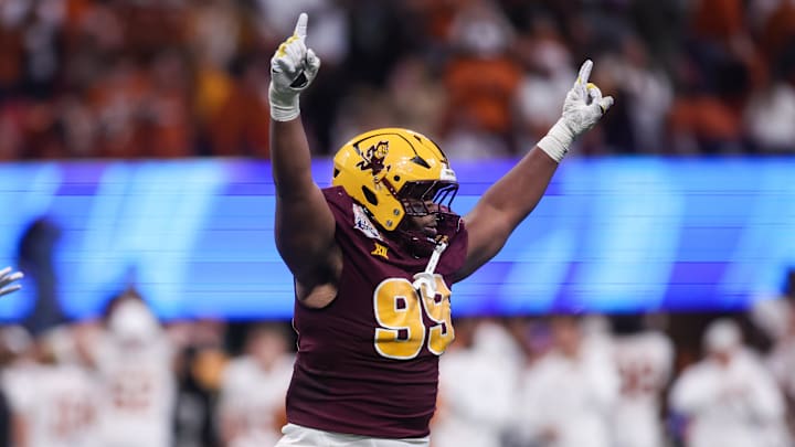 Jan 1, 2025; Atlanta, GA, USA; Arizona State Sun Devils defensive lineman C.J. Fite (99) reacts after a missed field goal by place kicker Bert Auburn (not pictured) at Mercedes-Benz Stadium. Mandatory Credit: Brett Davis-Imagn Images