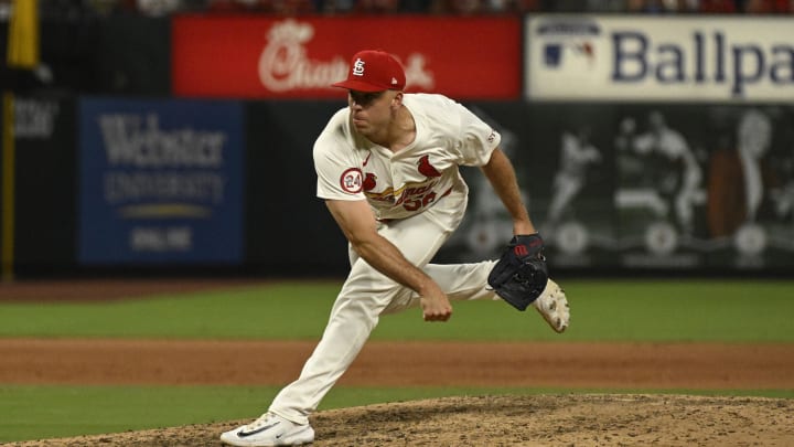 St. Louis Cardinals relief pitcher Ryan Helsley (56) throw against the Chicago Cubs during the ninth inning at Busch Stadium.