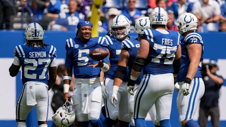 Indianapolis Colts quarterback Anthony Richardson (5) gets up after having his helmet knocked off during a sack Sunday, Sept. 8, 2024, during a game against the Houston Texans at Lucas Oil Stadium in Indianapolis. Indianapolis Colts quarterback Anthony Richardson (5) gets up after having his helmet knocked off during a sack Sunday, Sept. 8, 2024, during a game against the Houston Texans at Lucas Oil Stadium in Indianapolis.