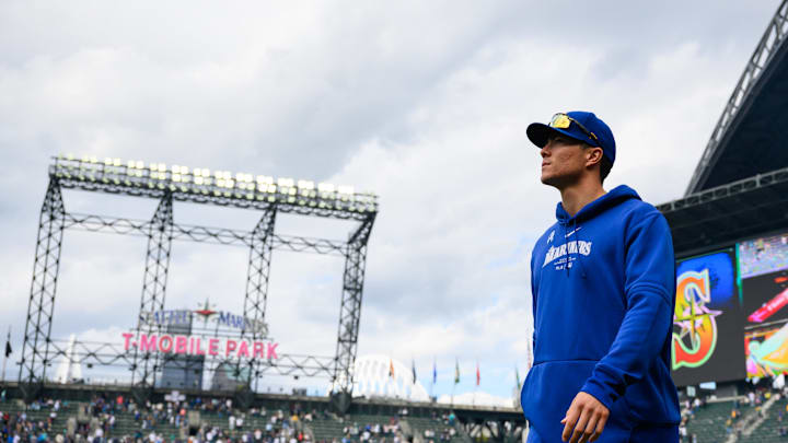 Seattle Mariners pitcher Bryan Woo (22) walks around after the game between the Seattle Mariners and the Oakland Athletics at T-Mobile Park on Sept 29.