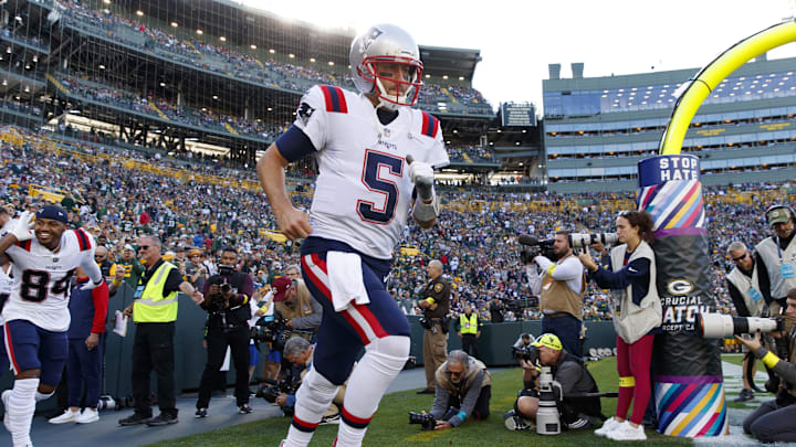 New England Patriots quarterback Brian Hoyer started against the Green Bay Packers at Lambeau Field in 2022. New England Patriots quarterback Brian Hoyer started against the Green Bay Packers at Lambeau Field in 2022.