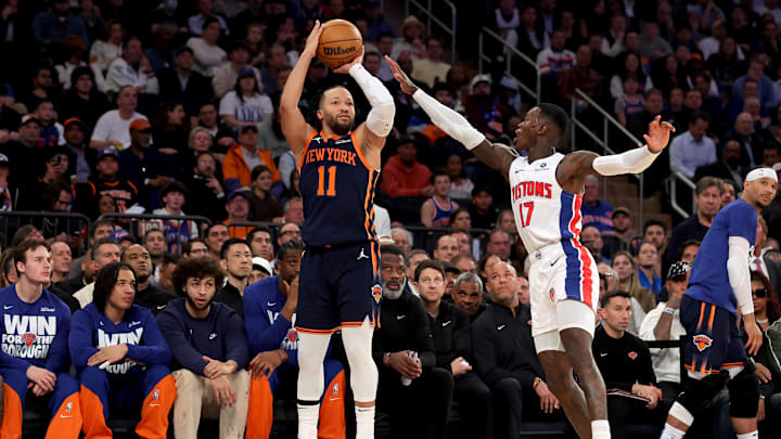 Apr 21, 2025; New York, New York, USA; New York Knicks guard Jalen Brunson (11) shoots a three point shot against Detroit Pistons guard Dennis Schroder (17) during the second quarter of game two of the first round of the 2024 NBA Playoffs at Madison Square Garden. Mandatory Credit: Brad Penner-Imagn Images