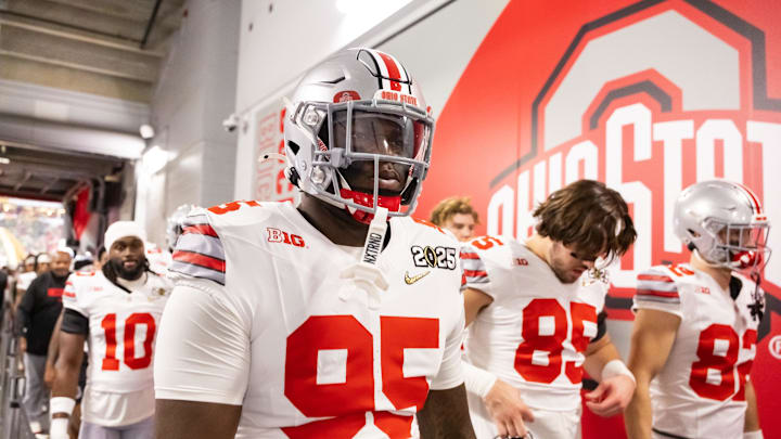 Jan 20, 2025; Atlanta, GA, USA; Ohio State Buckeyes defensive tackle Tywone Malone Jr. (95) against the Notre Dame Fighting Irish during the CFP National Championship college football game at Mercedes-Benz Stadium. Mandatory Credit: Mark J. Rebilas-Imagn Images