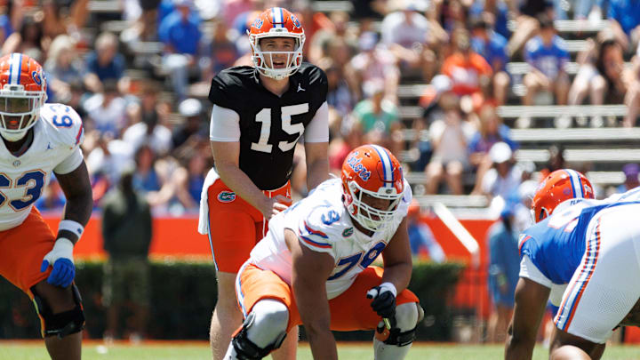 Apr 12, 2025; Gainesville, FL, USA; Florida Gators look to snap the ball during the first half at Ben Hill Griffin Stadium. Mandatory Credit: Matt Pendleton-Imagn Images
