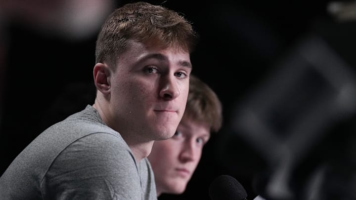 Mar 26, 2025; Newark, NJ, USA;  Duke Blue Devils forward Cooper Flagg (2), and guard Kon Knueppel (7), talk to the media at the Prudential Center. Mandatory Credit: Robert Deutsch-Imagn Images