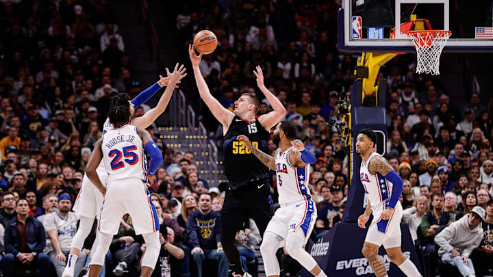 Jan 27, 2024; Denver, Colorado, USA; Denver Nuggets center Nikola Jokic (15) battles for a rebound with Philadelphia 76ers guard Furkan Korkmaz (30) and forward Danuel House Jr. (25) and forward Marcus Morris Sr. (5) and forward KJ Martin (1) in the third quarter at Ball Arena. Mandatory Credit: Isaiah J. Downing-Imagn Images Jan 27, 2024; Denver, Colorado, USA; Denver Nuggets center Nikola Jokic (15) battles for a rebound with Philadelphia 76ers guard Furkan Korkmaz (30) and forward Danuel House Jr. (25) and forward Marcus Morris Sr. (5) and forward KJ Martin (1) in the third quarter at Ball Arena. Mandatory Credit: Isaiah J. Downing-Imagn Images