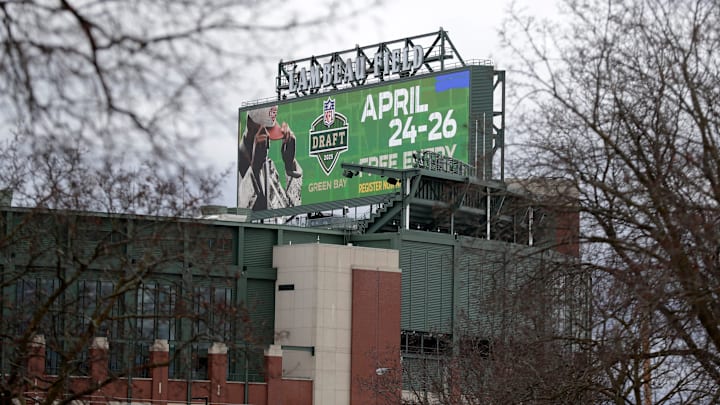 A Lambeau Field jumbotron, seen from a neighborhood in Ashwaubenon, Wis. April 21, 2025, advertises the 2025 NFL Draft. A Lambeau Field jumbotron, seen from a neighborhood in Ashwaubenon, Wis. April 21, 2025, advertises the 2025 NFL Draft.