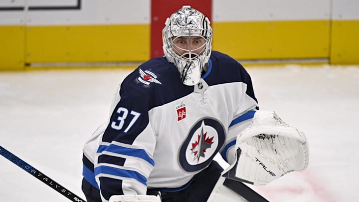 May 17, 2025; Dallas, Texas, USA; Winnipeg Jets goaltender Connor Hellebuyck (37) skates in warmups prior to the game against the Dallas Stars in game six of the second round of the 2025 Stanley Cup Playoffs at American Airlines Center. Mandatory Credit: Jerome Miron-Imagn Images May 17, 2025; Dallas, Texas, USA; Winnipeg Jets goaltender Connor Hellebuyck (37) skates in warmups prior to the game against the Dallas Stars in game six of the second round of the 2025 Stanley Cup Playoffs at American Airlines Center. Mandatory Credit: Jerome Miron-Imagn Images