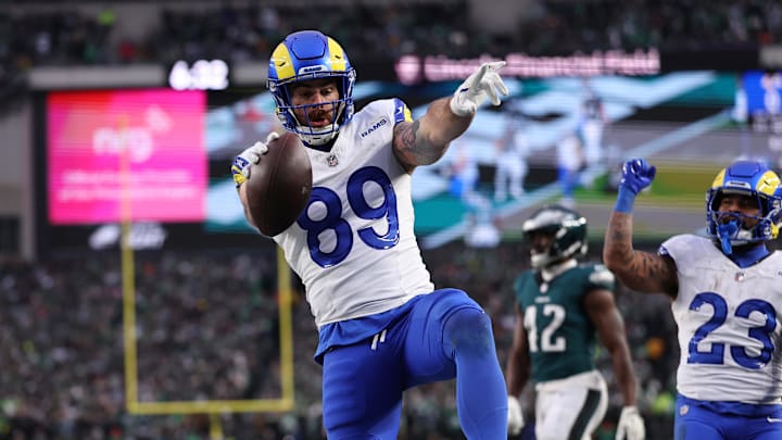 Jan 19, 2025; Philadelphia, Pennsylvania, USA; Los Angeles Rams tight end Tyler Higbee (89) celebrates after scoring a touchdown in the first quarter against the Philadelphia Eagles in a 2025 NFC divisional round game at Lincoln Financial Field. Mandatory Credit: Bill Streicher-Imagn Images