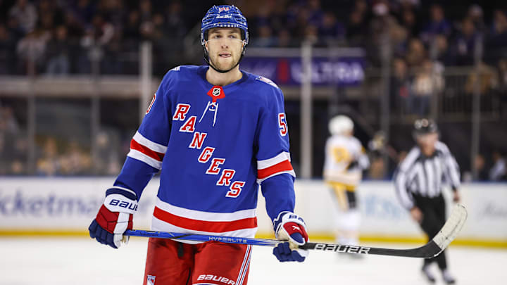 Feb 28, 2026; New York, New York, USA;  New York Rangers left wing Will Cuylle (50) at Madison Square Garden. Mandatory Credit: Wendell Cruz-Imagn Images