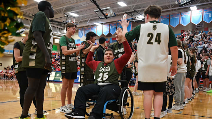 Jefferson’s Dorrell “Drain from Deep” Boutilier comes out during the lineup announcement before the start of the SFD Unified games on Friday, March 28, 2025, at Lincoln High School in Sioux Falls, S.D.
