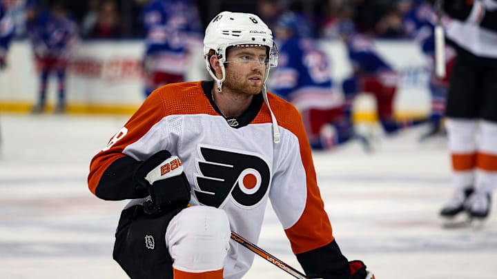 Apr 11, 2024; New York, New York, USA; Philadelphia Flyers defenseman Cam York (8) warms up before the first period against the New York Rangers at Madison Square Garden. Mandatory Credit: Danny Wild-USA TODAY Sports