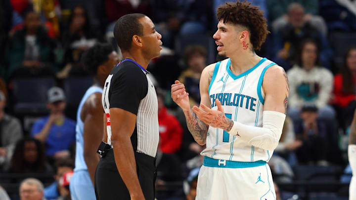 Jan 22, 2025; Memphis, Tennessee, USA; Charlotte Hornets guard LaMelo Ball (1) talks with an official during the third quarter against the Memphis Grizzlies at FedExForum. Mandatory Credit: Petre Thomas-Imagn Images