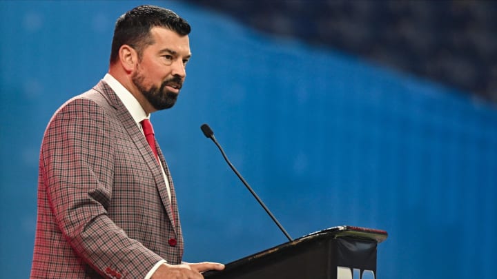 Jul 23, 2024; Indianapolis, IN, USA; Ohio State Buckeyes head coach Ryan Day speaks to the media during the Big 10 football media day at Lucas Oil Stadium. Mandatory Credit: Robert Goddin-USA TODAY Sports Jul 23, 2024; Indianapolis, IN, USA; Ohio State Buckeyes head coach Ryan Day speaks to the media during the Big 10 football media day at Lucas Oil Stadium. Mandatory Credit: Robert Goddin-USA TODAY Sports