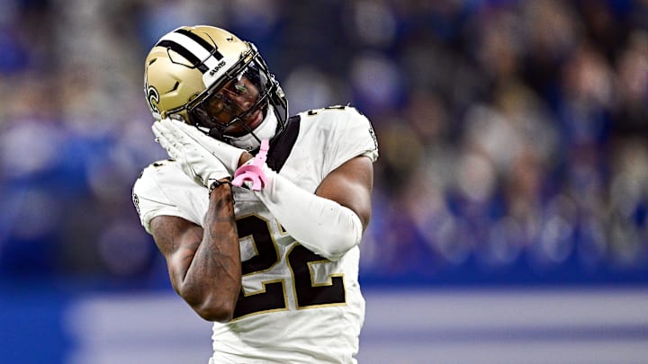 New Orleans Saints wide receiver Rashid Shaheed (22) reacts after catching a long pass during the second half against the Indianapolis Colts at Lucas Oil Stadium.