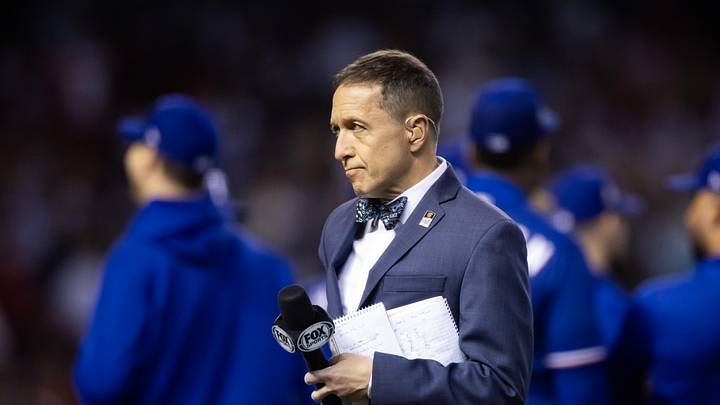 Oct 30, 2023; Phoenix, AZ, USA; Fox Sports analyst Ken Rosenthal during the Texas Rangers against the Arizona Diamondbacks in game three of the 2023 World Series at Chase Field. Mandatory Credit: Mark J. Rebilas-USA TODAY Sports Oct 30, 2023; Phoenix, AZ, USA; Fox Sports analyst Ken Rosenthal during the Texas Rangers against the Arizona Diamondbacks in game three of the 2023 World Series at Chase Field. Mandatory Credit: Mark J. Rebilas-USA TODAY Sports