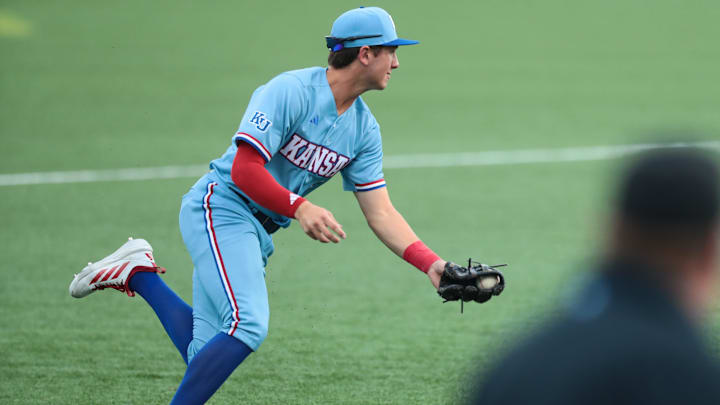 Kansas junior infielder Tyson LeBlanc (2) 