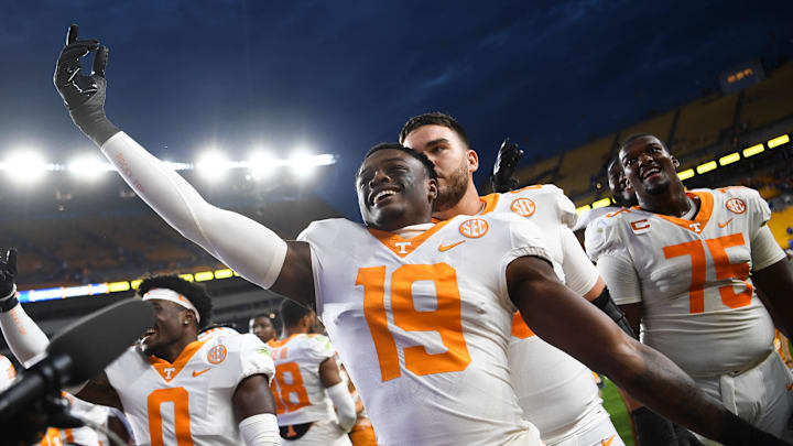 Tennessee defensive lineman Joshua Josephs (19) celebrates after a game between the Tennessee Volunteers and Pittsburgh Panthers in Acrisure Stadium in Pittsburgh, Saturday, Sept. 10, 2022. Tennessee defeated Pitt 34-27 in overtime.