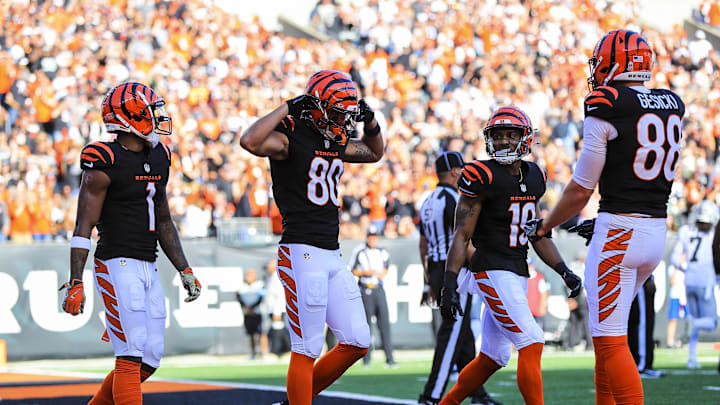 Nov 3, 2024; Cincinnati, Ohio, USA; Cincinnati Bengals wide receiver Andrei Iosivas (80) reacts after scoring a touchdown against the Las Vegas Raiders in the first half at Paycor Stadium. Mandatory Credit: Katie Stratman-Imagn Images
