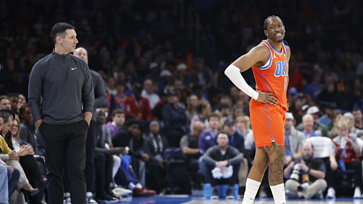 Nov 8, 2024; Oklahoma City, Oklahoma, USA; Oklahoma City Thunder head coach Mark Daigneault and forward Jalen Williams (8) smile during a time out against the Houston Rockets during the second quarter at Paycom Center. Mandatory Credit: Alonzo Adams-Imagn Images Nov 8, 2024; Oklahoma City, Oklahoma, USA; Oklahoma City Thunder head coach Mark Daigneault and forward Jalen Williams (8) smile during a time out against the Houston Rockets during the second quarter at Paycom Center. Mandatory Credit: Alonzo Adams-Imagn Images