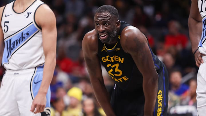 Mar 22, 2025; Atlanta, Georgia, USA; Golden State Warriors forward Draymond Green (23) in action against the Atlanta Hawks in the fourth quarter at State Farm Arena. Mandatory Credit: Brett Davis-Imagn Images