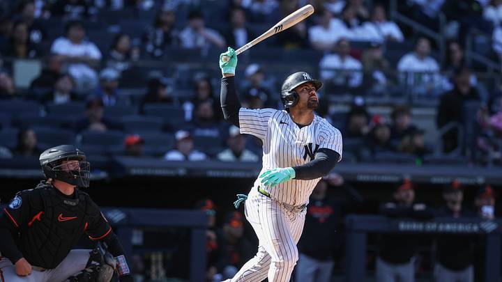 May 3, 2026; Bronx, New York, USA; New York Yankees designated hitter Jasson Domínguez (24) hits a two-run home run in the eighth inning against the Baltimore Orioles at Yankee Stadium. Mandatory Credit: Wendell Cruz-Imagn Images