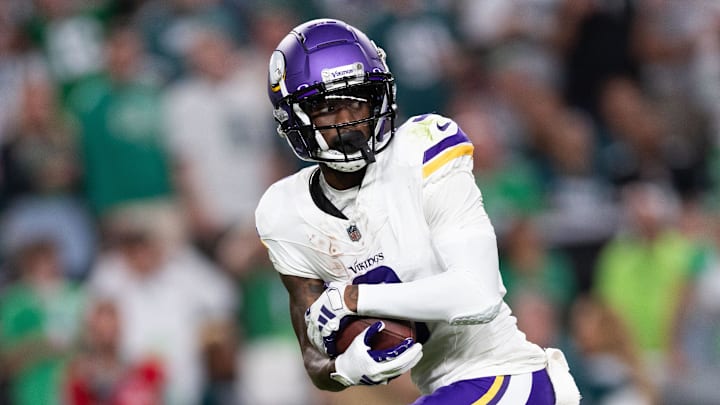 Sep 14, 2023; Philadelphia, Pennsylvania, USA; Minnesota Vikings wide receiver Jordan Addison (3) runs for a touchdown after a catch against the Philadelphia Eagles during the third quarter at Lincoln Financial Field.