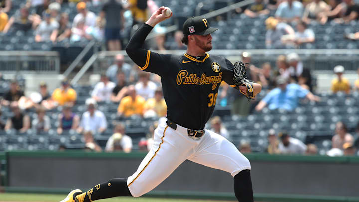 Jul 27, 2025; Pittsburgh, Pennsylvania, USA;  Pittsburgh Pirates starting pitcher Paul Skenes (30) delivers a pitch against the Arizona Diamondbacks during the first inning  PNC Park. Mandatory Credit: Charles LeClaire-Imagn Images
