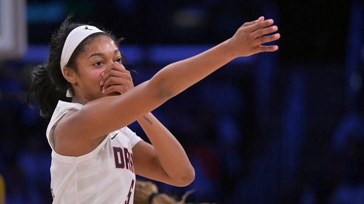 Aug 20, 2026; Los Angeles, California, USA;  Atlanta Dream forward Angel Reese (5) reacts after a three-point basket in the first half against the Los Angeles Sparks at Crypto.com Arena. Mandatory Credit: Jayne Kamin-Oncea-Imagn Images
