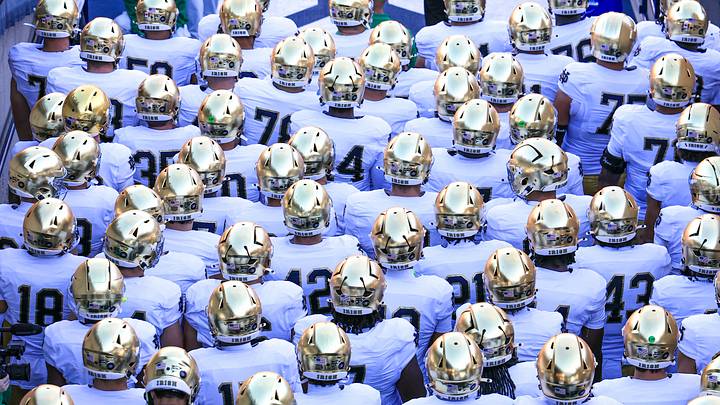 Oct 17, 2026; Provo, Utah, USA; The Notre Dame Fighting Irish prepare to enter the field before a game against the Brigham Young Cougars at LaVell Edwards Stadium. Mandatory Credit: Rob Gray-Imagn Images