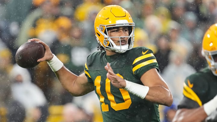 Nov 3, 2024; Green Bay, Wisconsin, USA;  Green Bay Packers quarterback Jordan Love (10) throws a pass during the second quarter against the Detroit Lions at Lambeau Field. Mandatory Credit: Jeff Hanisch-Imagn Images