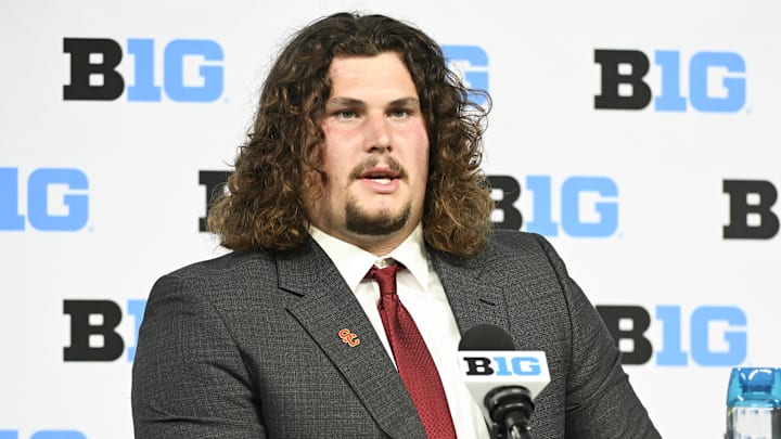 Jul 24, 2024; Indianapolis, IN, USA; USC Trojans offensive lineman Jonah Monheim speaks to the media during the Big 10 football media day at Lucas Oil Stadium. Mandatory Credit: Robert Goddin-Imagn Images