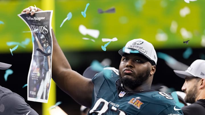 Feb 9, 2025; New Orleans, LA, USA; Philadelphia Eagles  defensive tackle Milton Williams (93) celebrates after defeating the Kansas City Chiefs during Super Bowl LIX at Ceasars Superdome. Mandatory Credit: Mark J. Rebilas-Imagn Images