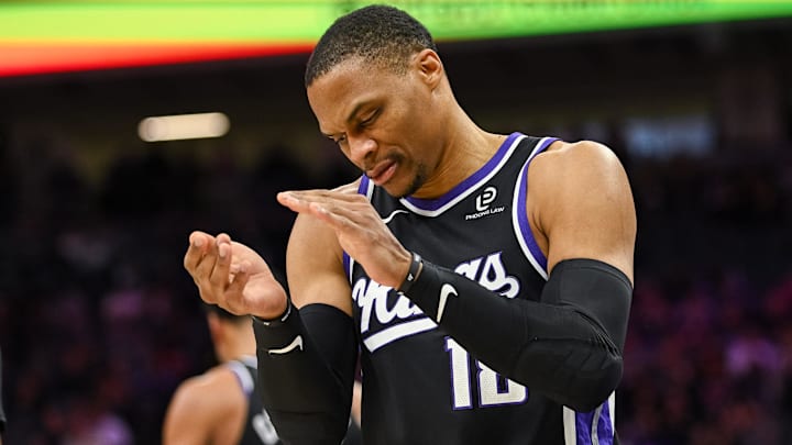 Feb 4, 2026; Sacramento, California, USA; Sacramento Kings guard Russell Westbrook (18) reacts to a call during the third quarter against the Memphis Grizzlies at Golden 1 Center. Feb 4, 2026; Sacramento, California, USA; Sacramento Kings guard Russell Westbrook (18) reacts to a call during the third quarter against the Memphis Grizzlies at Golden 1 Center.
