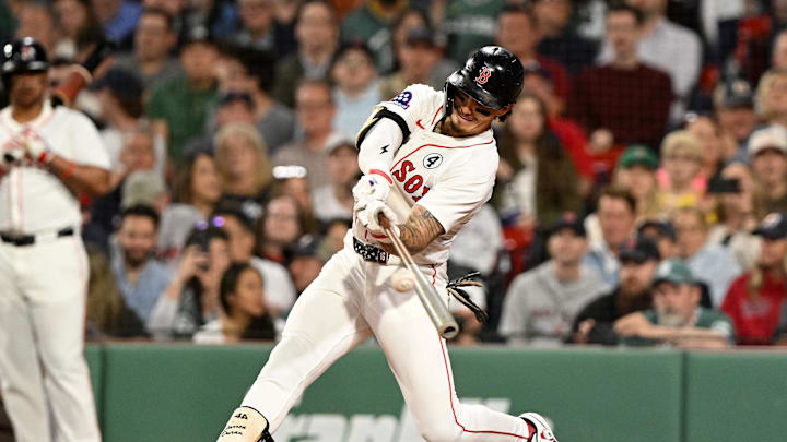 Jun 2, 2025; Boston, Massachusetts, USA; Boston Red Sox outfielder Jarren Duran (16) hits a double against the Los Angeles Angels during the fifth inning at Fenway Park. Jun 2, 2025; Boston, Massachusetts, USA; Boston Red Sox outfielder Jarren Duran (16) hits a double against the Los Angeles Angels during the fifth inning at Fenway Park.