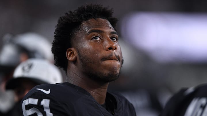 Aug 14, 2021; Paradise, Nevada, USA; Las Vegas Raiders defensive end Malcolm Koonce (51) looks on during the second quarter against the Seattle Seahawks at Allegiant Stadium. Mandatory Credit: Orlando Ramirez-Imagn Images