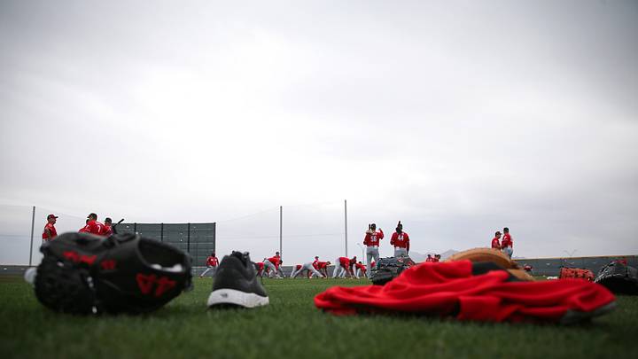 February 14, 2018; Goodyear, AZ, USA; The Cincinnati Reds pitchers and catchers stretch prior to their workouts at the Cincinnati Reds Spring Training Facility. Mandatory Credit: Kareem Elgazzar/The Enquirer via USA TODAY NETWORK February 14, 2018; Goodyear, AZ, USA; The Cincinnati Reds pitchers and catchers stretch prior to their workouts at the Cincinnati Reds Spring Training Facility. Mandatory Credit: Kareem Elgazzar/The Enquirer via USA TODAY NETWORK