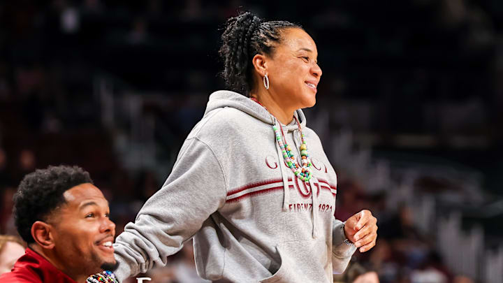 Nov 23, 2025; Columbia, South Carolina, USA; South Carolina Gamecocks head coach Dawn Staley directs her tam against the Queens Royals in the second half at Colonial Life Arena. Mandatory Credit: Jeff Blake-Imagn Images